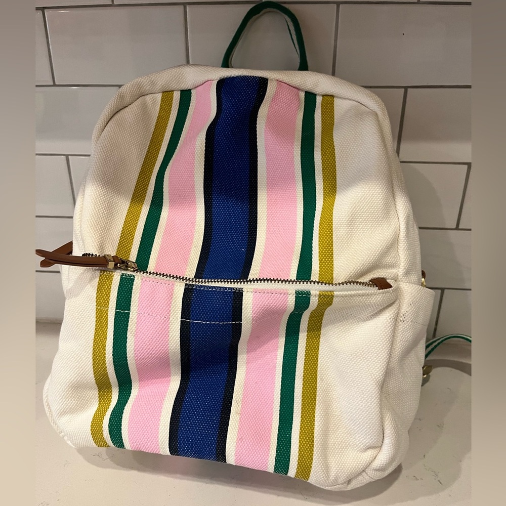 Boden White Backpack with Pink, Blue, Green, and Gold Stripes